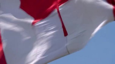Muhteşem kırmızı akçaağaç bayrağına yakın çekim. Kanada 'nın ulusal sembolü mavi arka planda rüzgarda sallanıyor.
