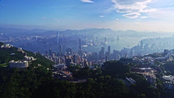 Malerisches Drohnenpanorama Der Städtischen Architektur Hongkong Stadt Kaltem Blauem Himmel — Stockvideo