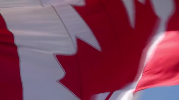 Gros plan sur le pittoresque drapeau d'érable rouge blanc symbole national bannière du Canada agitant dans le vent sur fond de ciel bleu 