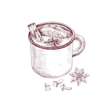 Beyaz arka planda izole edilmiş baharatlı bir bardak sıcak şarap. Vektör illüstrasyonu.
