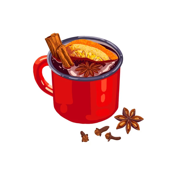 Hand Gezeichnete Rote Tasse Glühwein Mit Gewürzen Isoliert Auf Weißem — Stockvektor