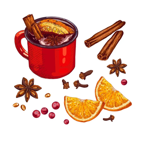 Рецепт Глинтвейна Горячий Напиток Чашке Анисовые Звезды Корица Апельсиновые Ломтики — стоковый вектор
