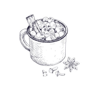 Beyaz arka planda izole edilmiş baharatlı marşmelovlu mavi kakao bardağı. Vektör illüstrasyonu.