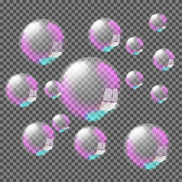 一套现实透明的彩色肥皂泡 在透明的背景下被分离出来 矢量纹理 — 图库矢量图片