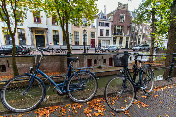 Bicycles near the canal in city center of Utrecht