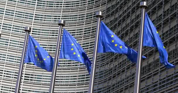 Флаги Европейского Союза, размахивающие на ветру перед Еврокомиссией. Брюссель, Бельгия — стоковое видео