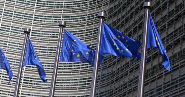 EU flaggor vajande i vinden framför Europeiska kommissionen. Bryssel, Belgien — Stockvideo