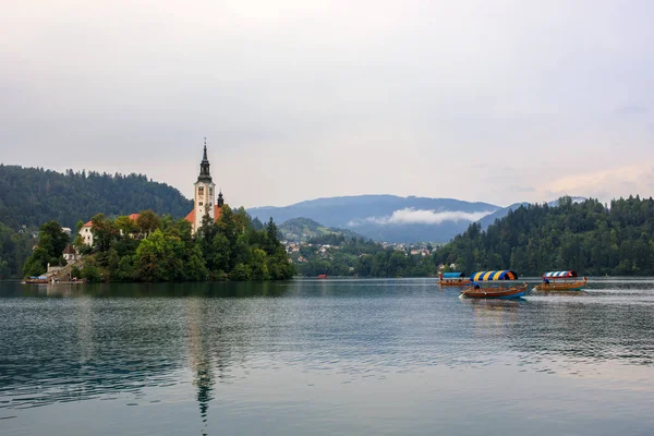 Slovenya Bled Gölü Ndeki Pletna Teknesinde Turistler — Stok fotoğraf