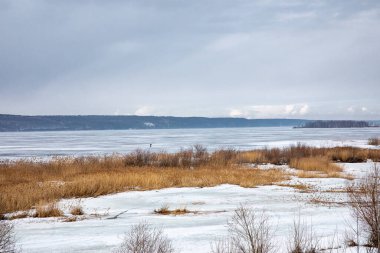 Büyük Kama Nehri 'ndeki kara bahar buzu, adalar ve kıyı bitkileri.