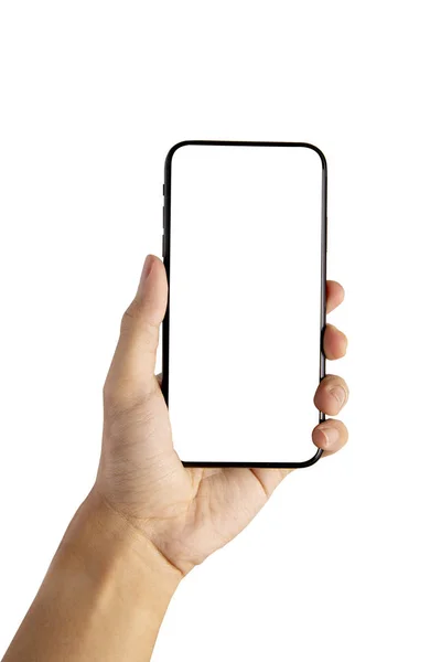 el ele tutuşan akıllı telefon boş ekran - beyaz arkaplanda izole