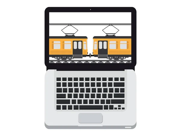 Laptop com trem de passageiros na tela — Vetor de Stock