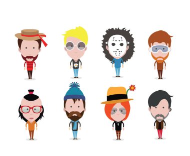 Değişik saç modelleri ve giysileri beyaz arka planda, vektör çizim ile farklı avatarlar kümesi