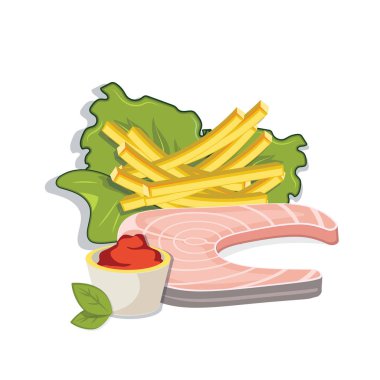 Balık biftek ile kızarmış patates ve sos, vektör çizim