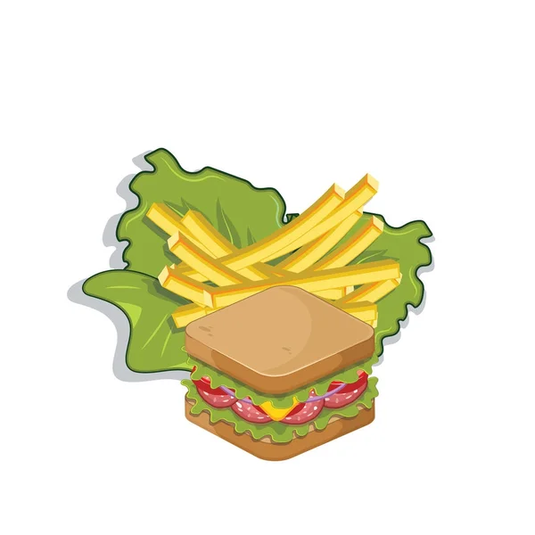 Sandwich Mit Salat Und Pommes Vektorillustration — Stockvektor