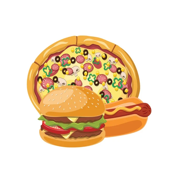 Hamburguesa Pizza Hot Dog Aislados Sobre Fondo Blanco Ilustración Vectorial — Vector de stock