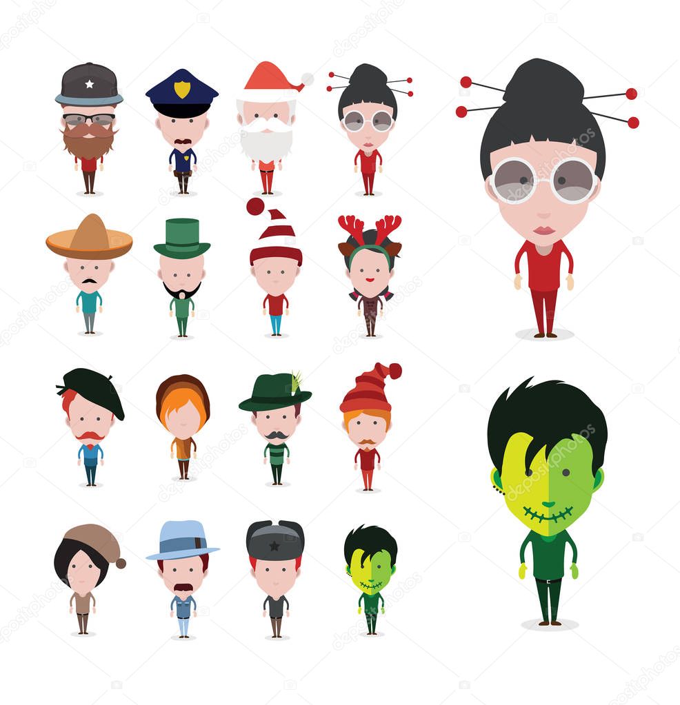 Set of diverse avatars with different hairstyles and clothes on white background, vector illustration