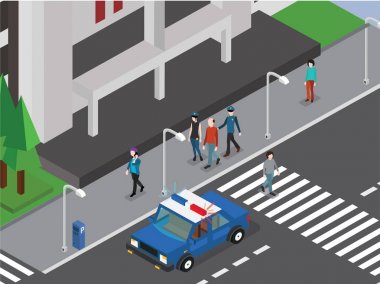 Araba ve polis memuru şehrin vektör çizim polis
