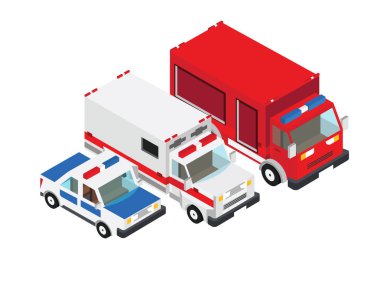 İtfaiye arabası, ambulans kamyon, polis kamyon, vektör çizim