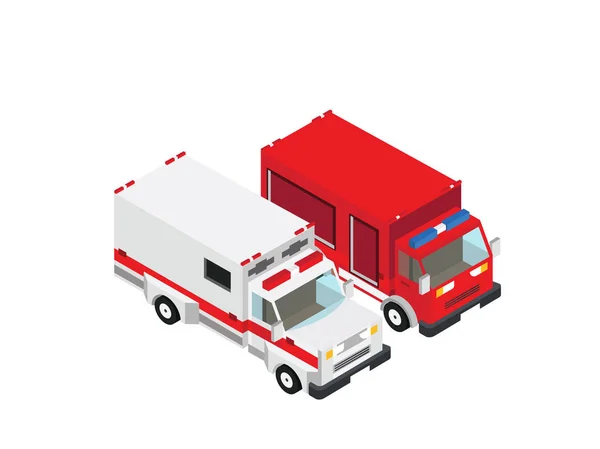 Camión Bomberos Camión Ambulancia Isométrico Vista Izquierda Ilustración Vectores — Vector de stock