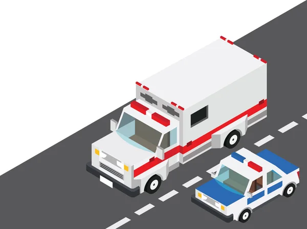 Ambulance Truck Met Politie Auto Volgens Isometrische Links Vectorillustratie — Stockvector