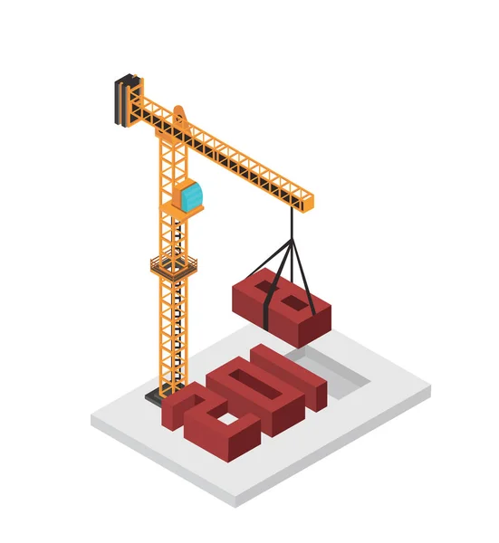 Isometric construction yellow crane — Stock Vector