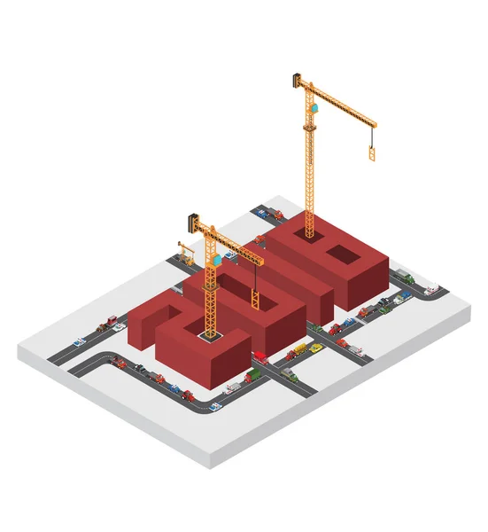 Construção isométrica guindastes amarelos —  Vetores de Stock