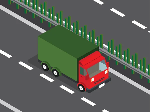 Groene vrachtwagen in snelweg — Stockvector