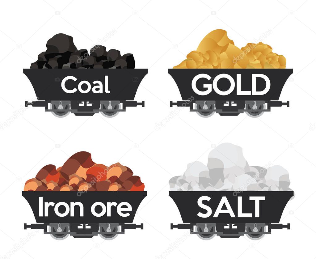 Pile of charcoal,Coal Mine,gold,iron ore,salt Wagons