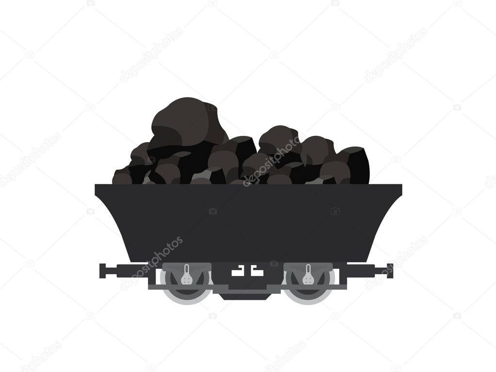 Pile of charcoal, coal mine wagon isolated on white background