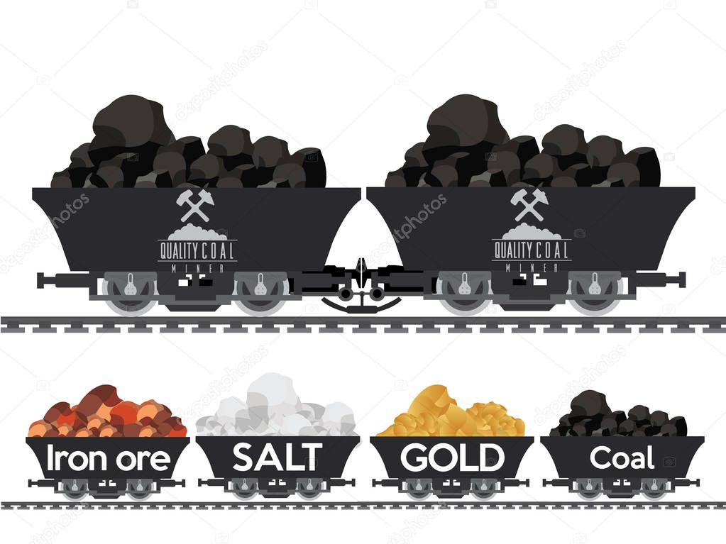 Pile of charcoal, Coal Mine, gold, iron ore and salt Wagons, vector illustration