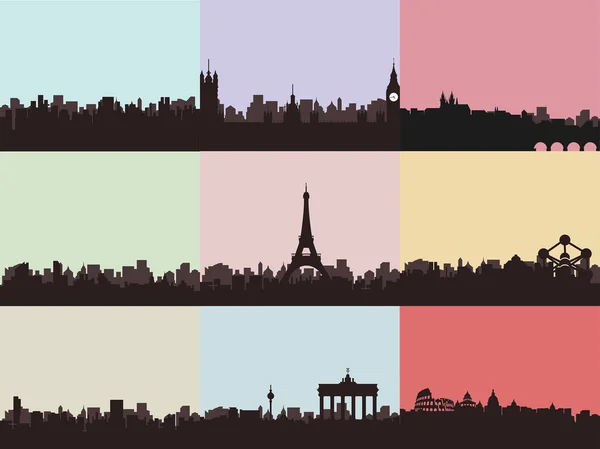 Ensemble de différentes silhouettes de ville — Image vectorielle