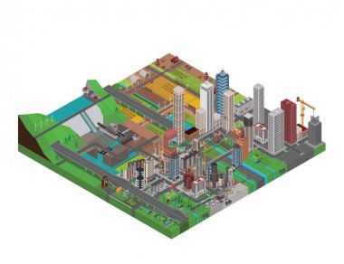 İzometrik şehir, metropolis, vektör çizim