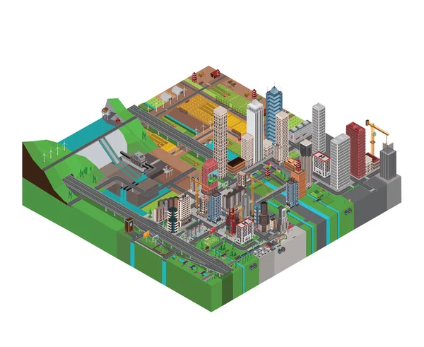 Cidade Isométrica Com Ruas Ilustração Vetorial —  Vetores de Stock