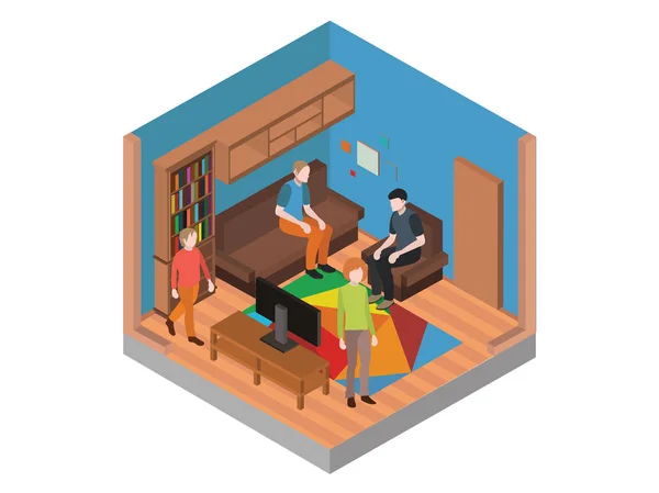 Isometric Living Room Isometric People Table Furniture Sofa Bookshelf — стоковый вектор