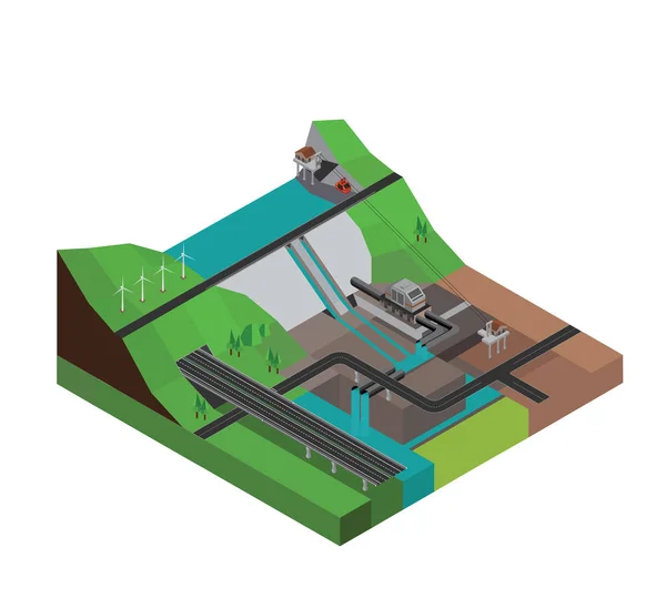 Přehradě Hydroelektrárny Elektrárna Izometrické Vektorové Ilustrace — Stockový vektor