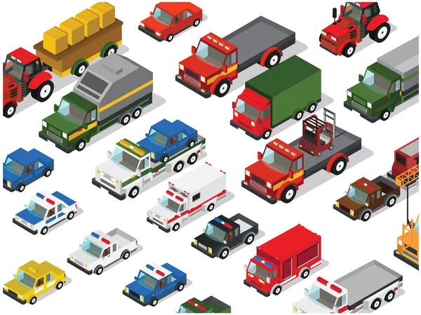 Conjunto de coches isométricos, camiones — Archivo Imágenes Vectoriales