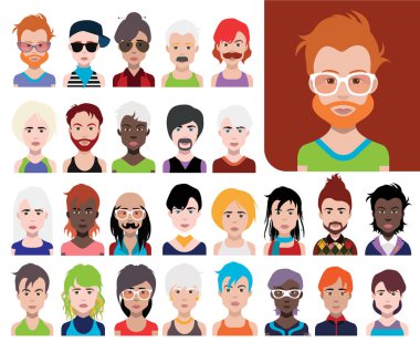 Bir grup insan simgesi, düz yüzlü avatarlar. Renkli resimleme 