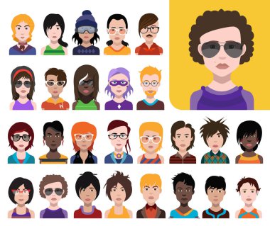 Bir grup insan simgesi, düz yüzlü avatarlar. Renkli resimleme 