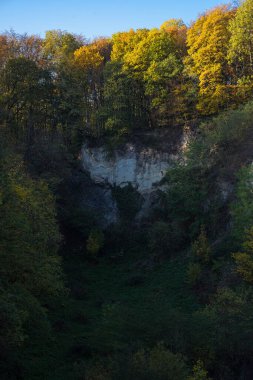 Weilbergsee 'de akşam ışığında sonbahar ormanı olan küçük bir vadi..