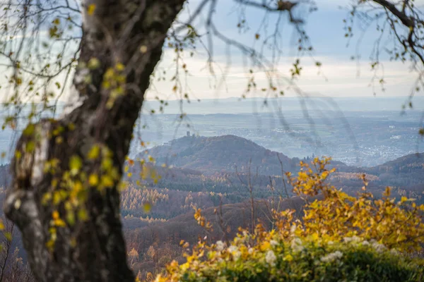 Utsikt från Oelberg till Drachenfels vid floden Rhen över en höstskog. — Stockfoto