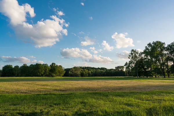 Wide view of the pastures of a river floodplain in the warm colors of the evening sun,