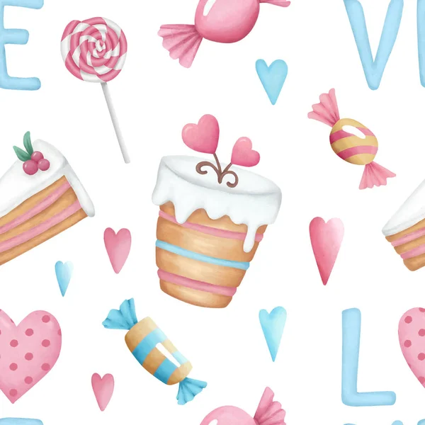 Handgezeichnetes Aquarell Mit Valentinstag Muster Aquarell Bonbons Herzen Bonbons Cupcakes — Stockfoto