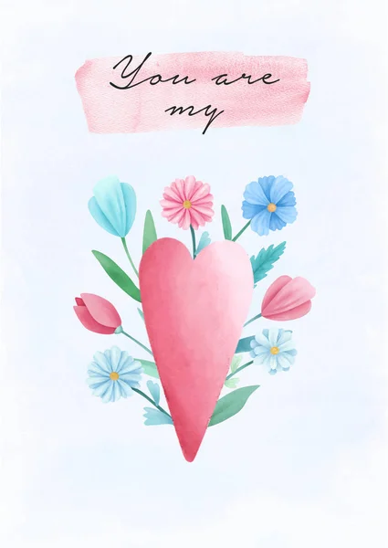 Handgezeichnete Valentinstag Festpostkarte Aquarell Blumen Herzen Bonbons Illustration Auf Aquarell — Stockfoto