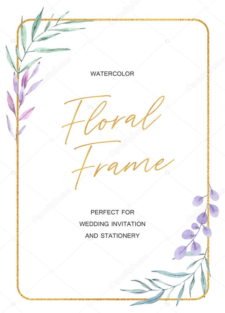 Hand drawn watercolor Leaves frame with green leaves. Golden frame, wedding invitation template
