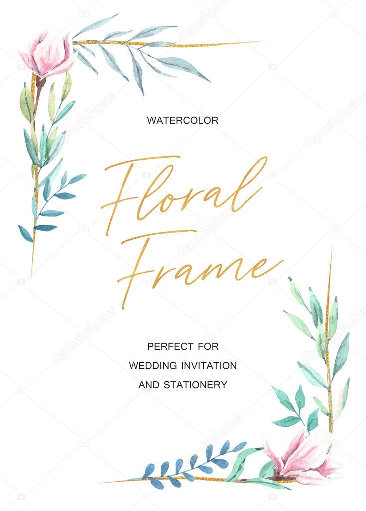 Hand drawn watercolor magnolia frame with green leaves. Golden frame, wedding invitation template