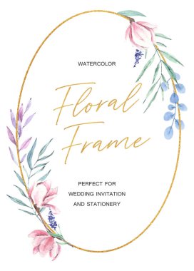 Hand drawn watercolor magnolia frame with green leaves. Golden frame, wedding invitation template clipart