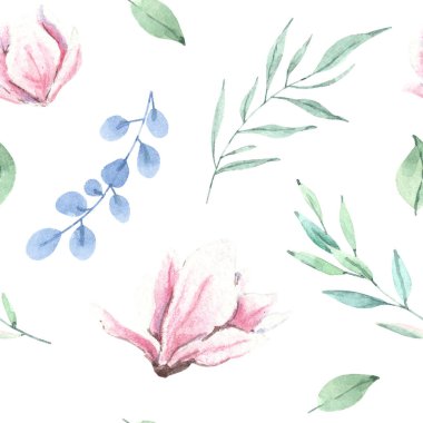 El çizimi suluboya manolya çiçekli desen