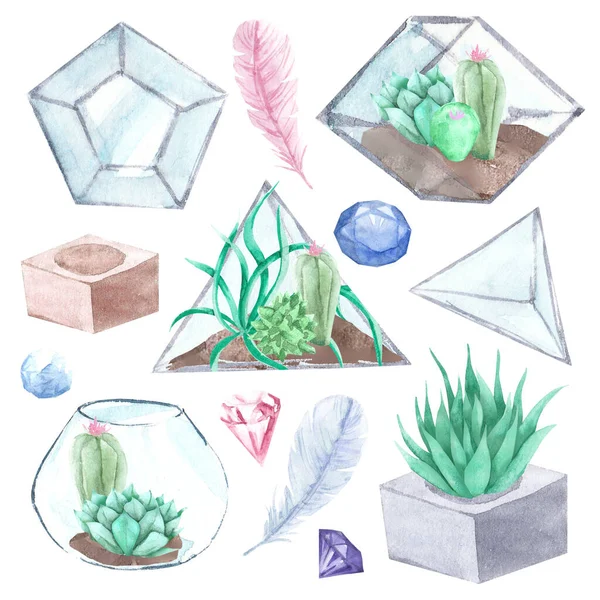 Handgetekende aquarel succulenten, plantenterrarium, veren en kristallen illustratie, edelsteen op witte achtergrond — Stockfoto