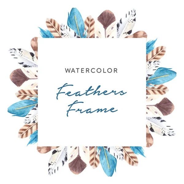 Hand drawn watercolor vibrant feathers square frame.