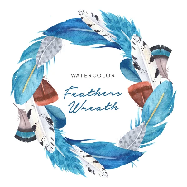 Hand drawn watercolor vibrant feathers wreath